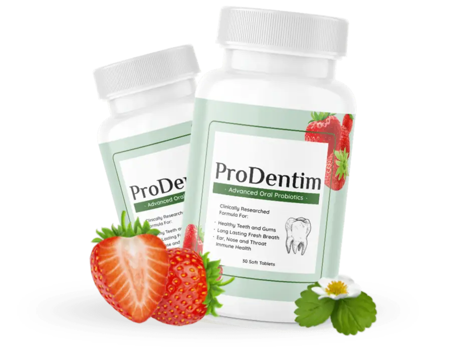 Two ProDentim bottles with strawberries