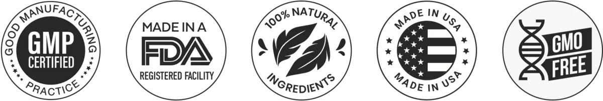 Product quality markers including GMP, FDA-registered facility, natural ingredients, made in USA and GMO-free